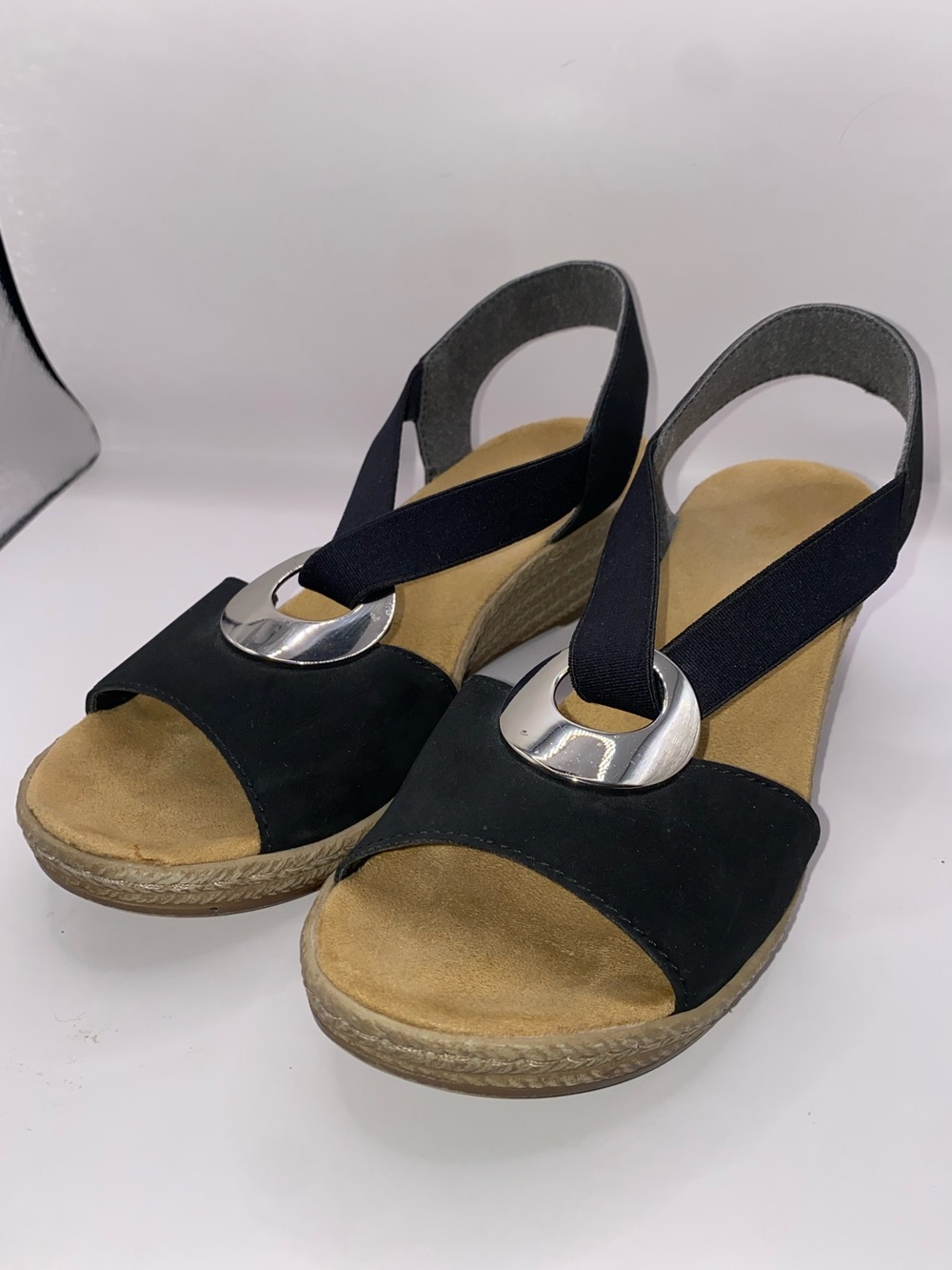 Rieker Fanni 624H6 Black Wedge Sandals with Silver Ring Accent
